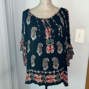 bila Womens Peasant Top XL Black Paisley Print 3/4 Length Flutter Sleeves Rayon